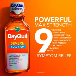 Vicks DayQuil Líquido para el alivio del resfriado y la gripe severos, sabor a frutos rojos, 355 ml (12 onzas)