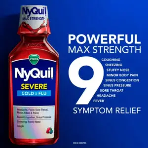 Vicks NyQuil Líquido para el alivio del resfriado y la gripe severos, sabor a frutos rojos, 355 ml (12 onzas)