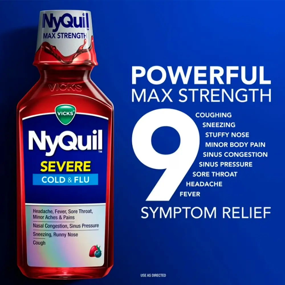 Vicks NyQuil Líquido para el alivio del resfriado y la gripe severos, sabor a frutos rojos, 355 ml (12 onzas)