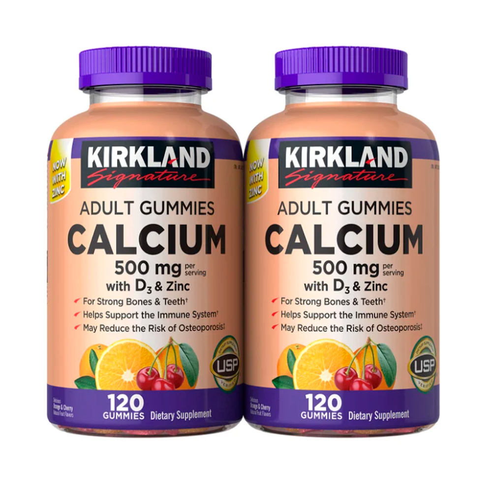 Vitamina Kirkland Signature Calcio 500 mg con D3 y Zinc, 120 Gomitas para Adultos