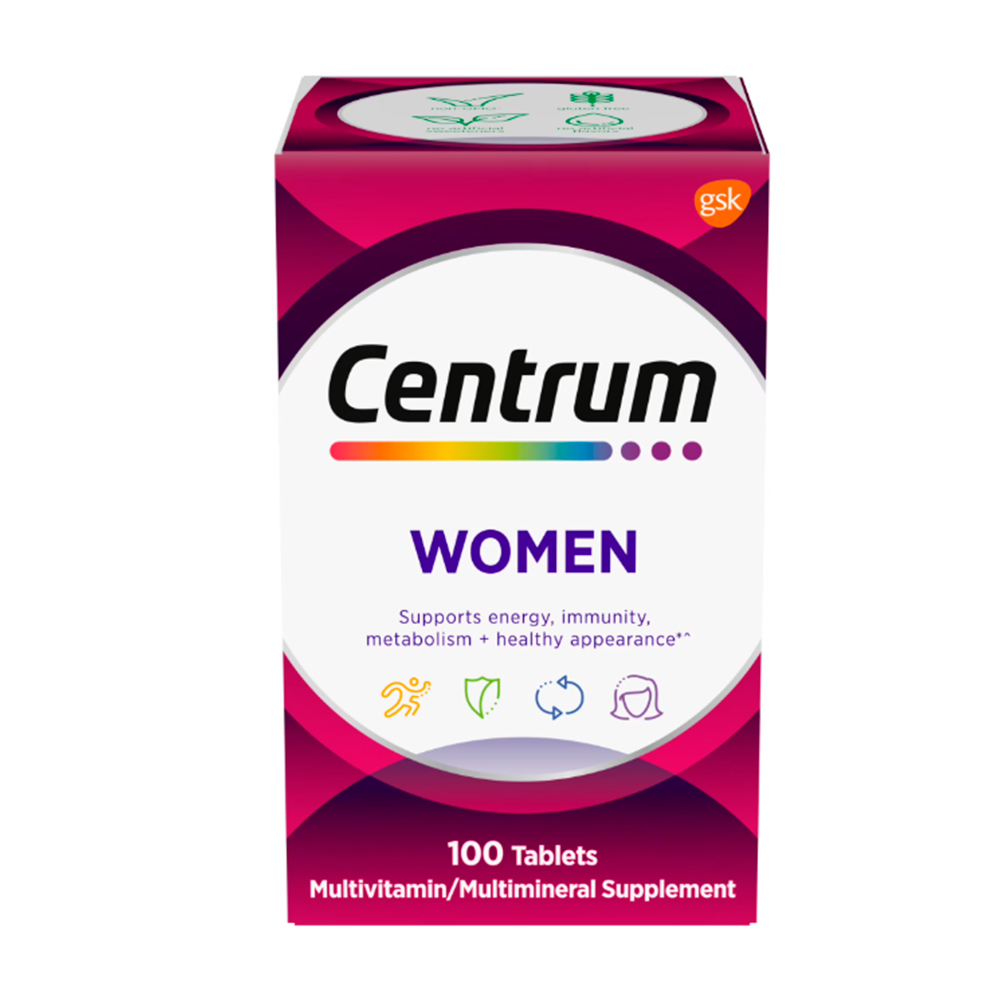 Multivitamina Centrum para mujeres con vitaminas A, B, C, D3 y E con hierro, 100 Tabletas .