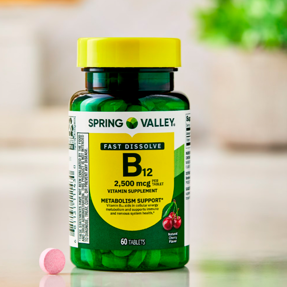 Spring Valley Vitamina B12 de Disolución Rápida, Suplemento Dietético, 2,500 Mcg, Cereza, 60 Tabletas