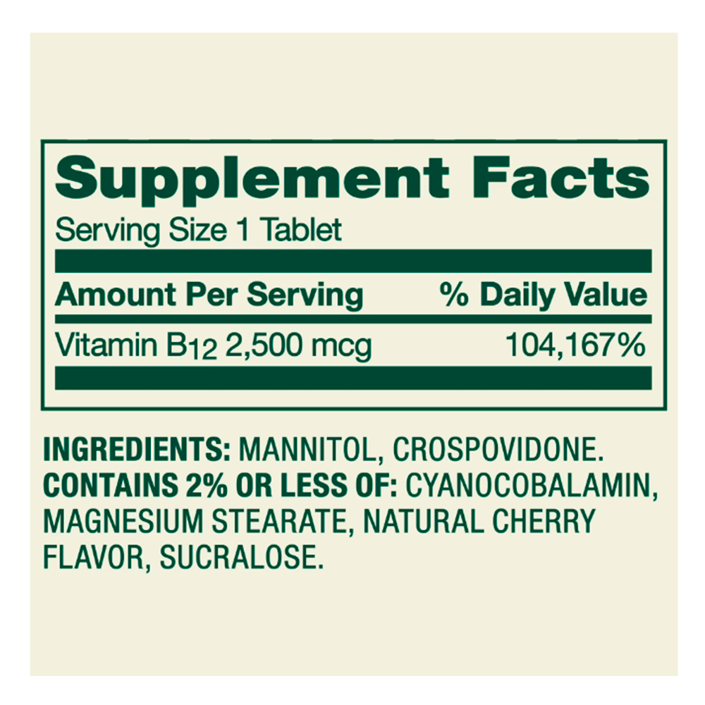 Spring Valley Vitamina B12 de Disolución Rápida, Suplemento Dietético, 2,500 Mcg, Cereza, 60 Tabletas - Imagen 2
